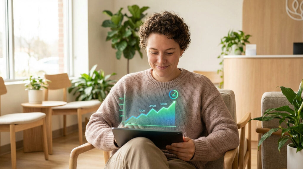 Femme souriante visualisant un graphique de taux hCG en hausse sur une tablette dans une salle d'attente moderne.