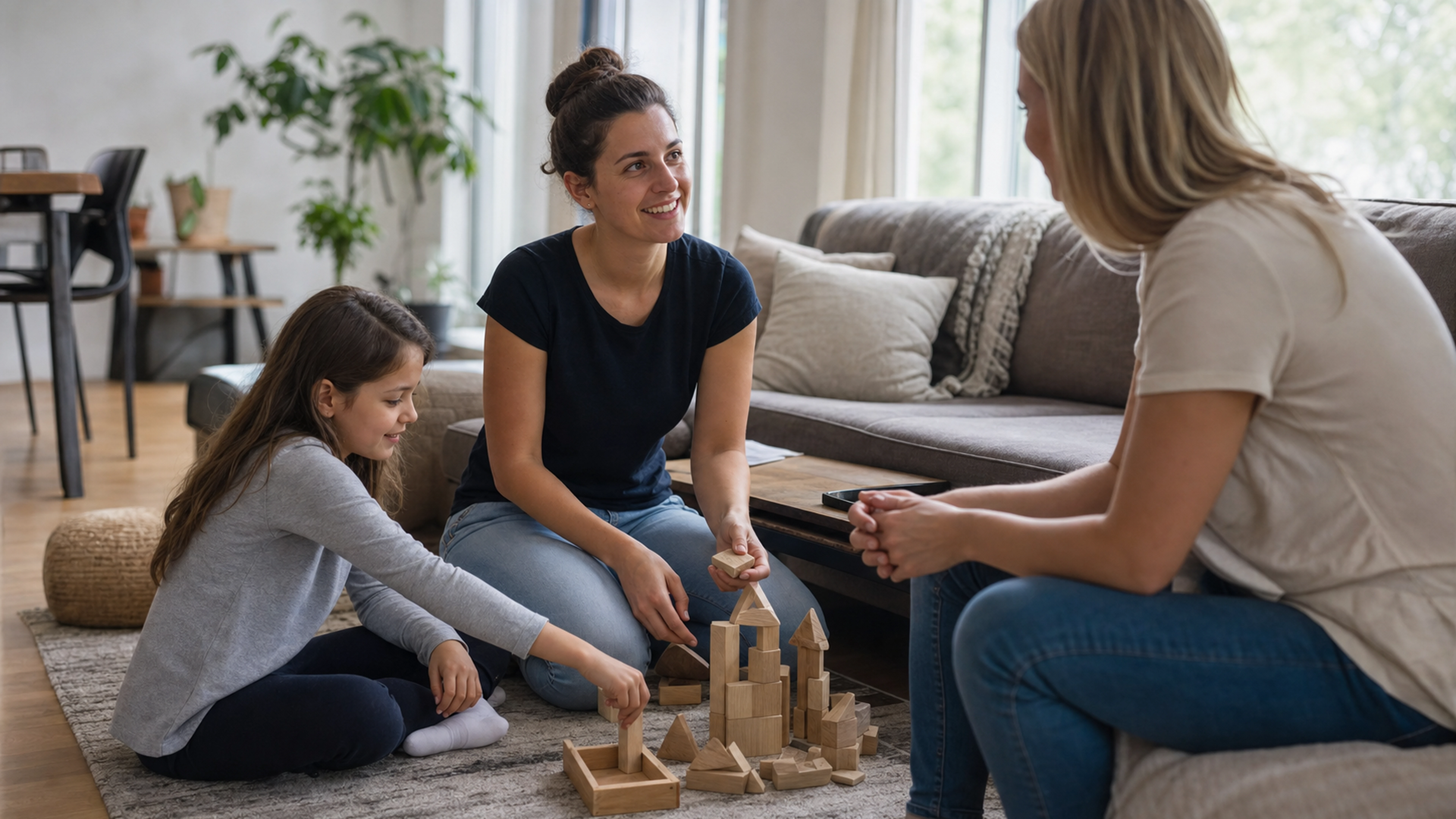 Une gardienne joue avec un enfant sous le regard d’un parent dans un salon lumineux