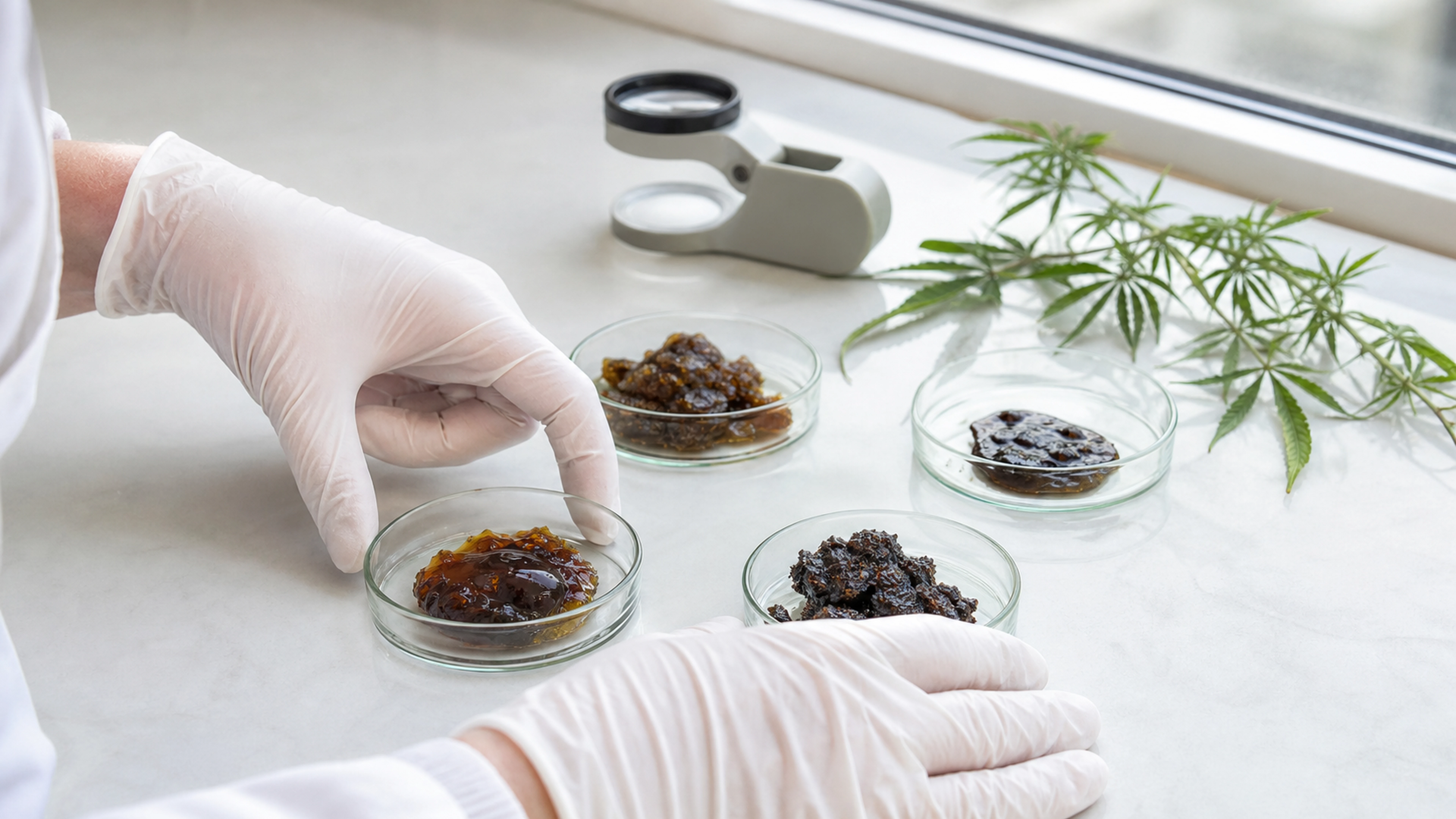 Une technicienne compare des échantillons de résine CBD dans des coupelles en verre