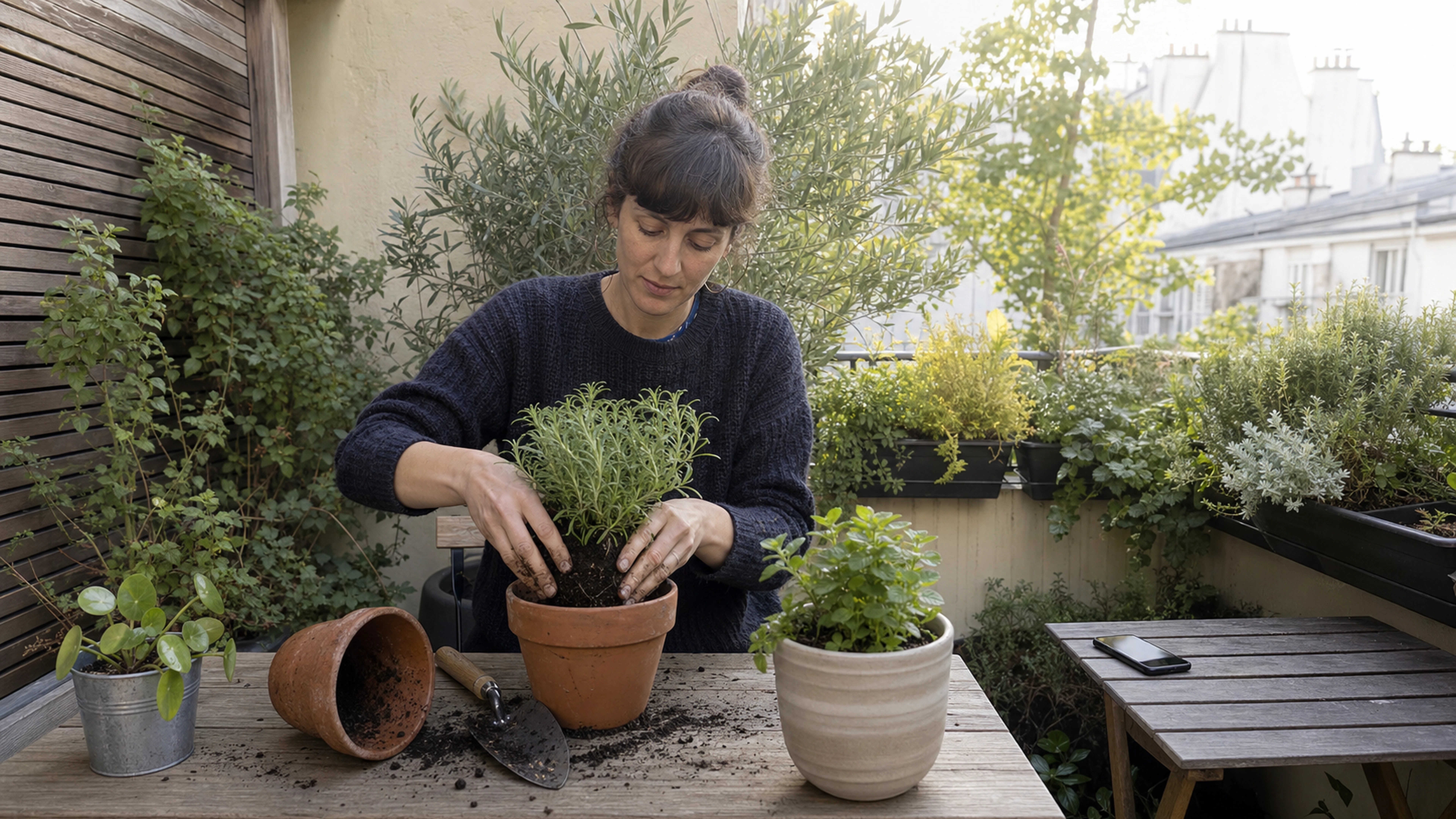 Une femme rempote des herbes aromatiques sur une terrasse ensoleillée, loin de son téléphone