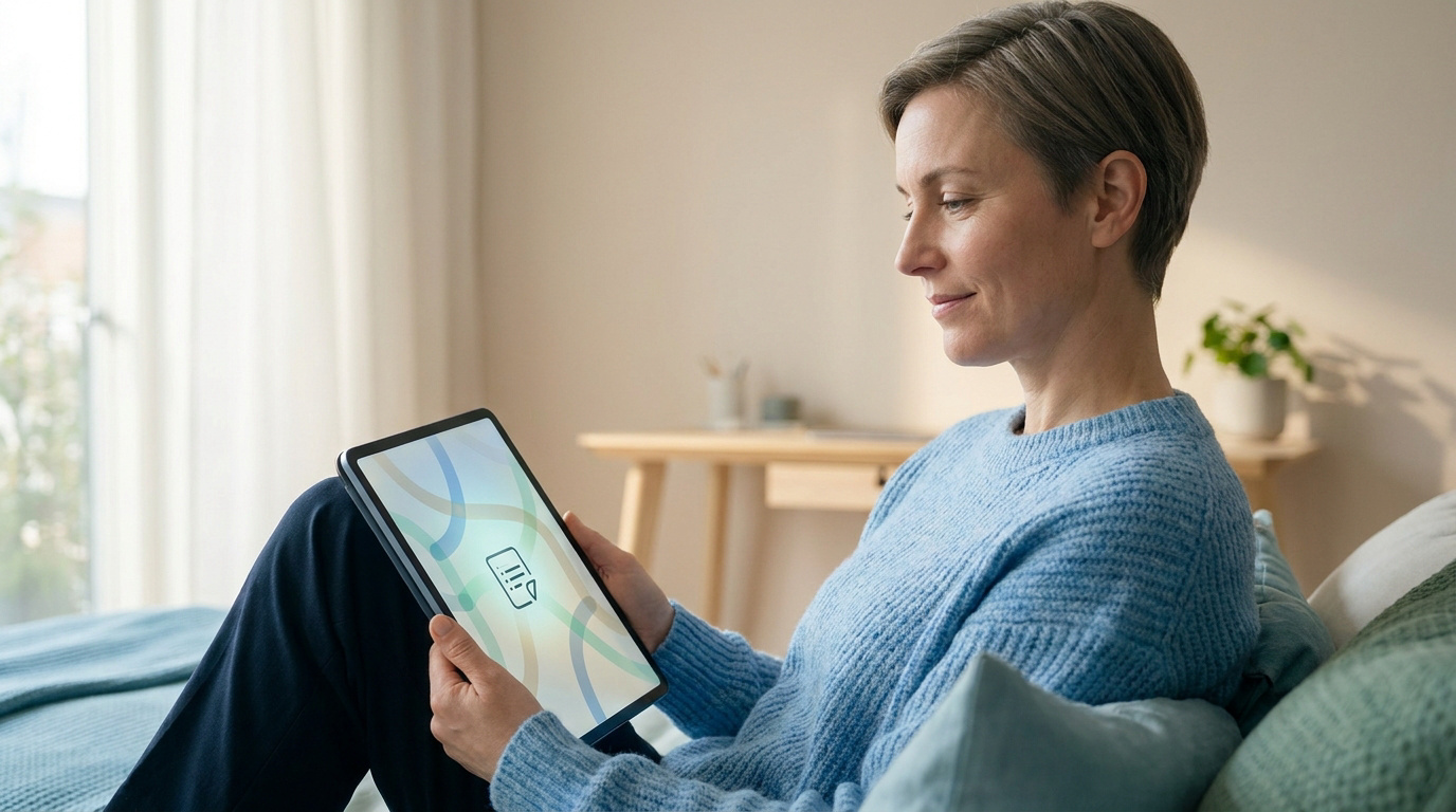 Femme sereine évaluant un questionnaire de dépistage de la dépression sur tablette, confortablement installée chez elle.