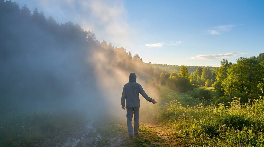 Vue arrière d'une personne encapuchonnée avançant sur un chemin, le brouillard s'épaississant à gauche et la lumière perçant à droite.