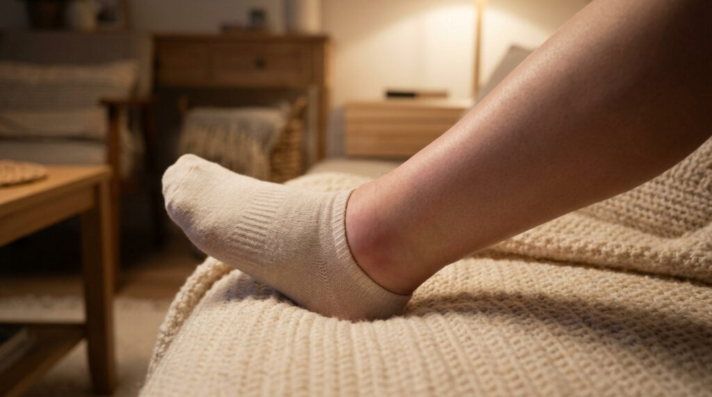 Une personne repose sa jambe avec une cheville enflée et un pied portant une chaussette claire sur une couverture tricotée.