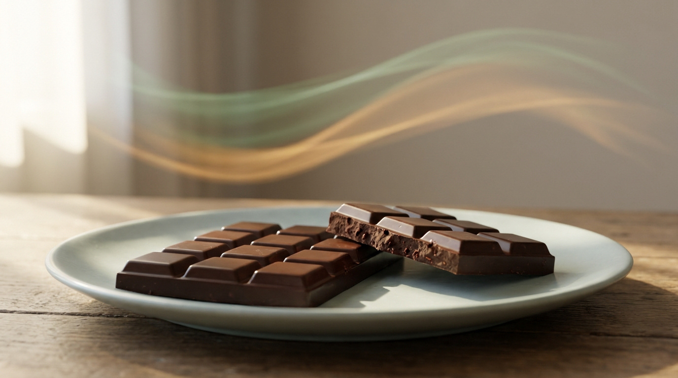 Image de deux barres de chocolat noir sur une assiette. L'une est cassée, montrant l'intérieur. Arrière-plan flou avec des ondes lumineuses.