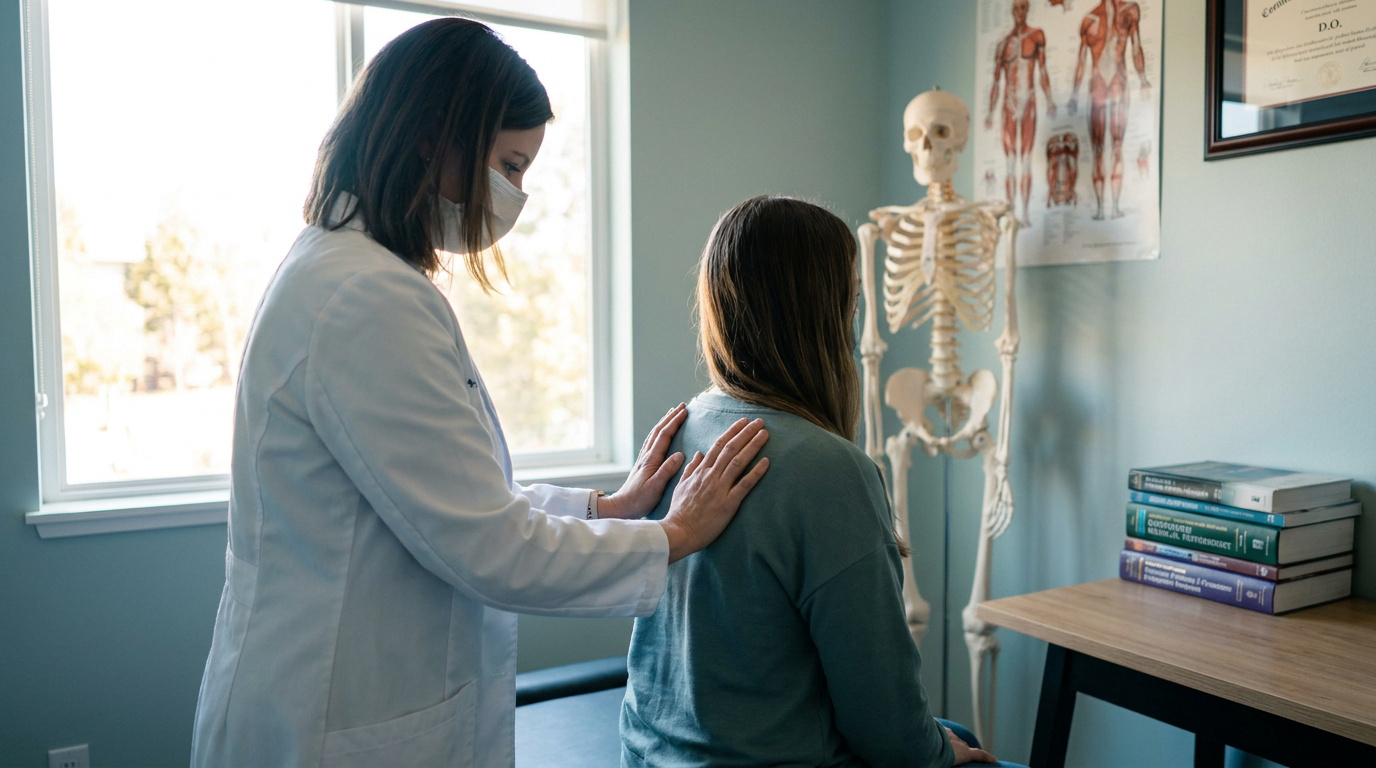 Une ostéopathe masquée examine le dos d'une patiente. Un squelette et des livres d'anatomie illustrent le cabinet.