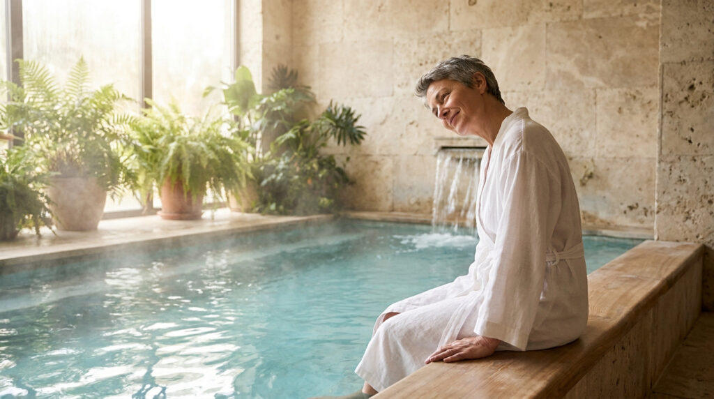 Femme souriante en peignoir blanc, au bord d'un bassin thermal avec cascade, pour un soulagement bienfaisant.