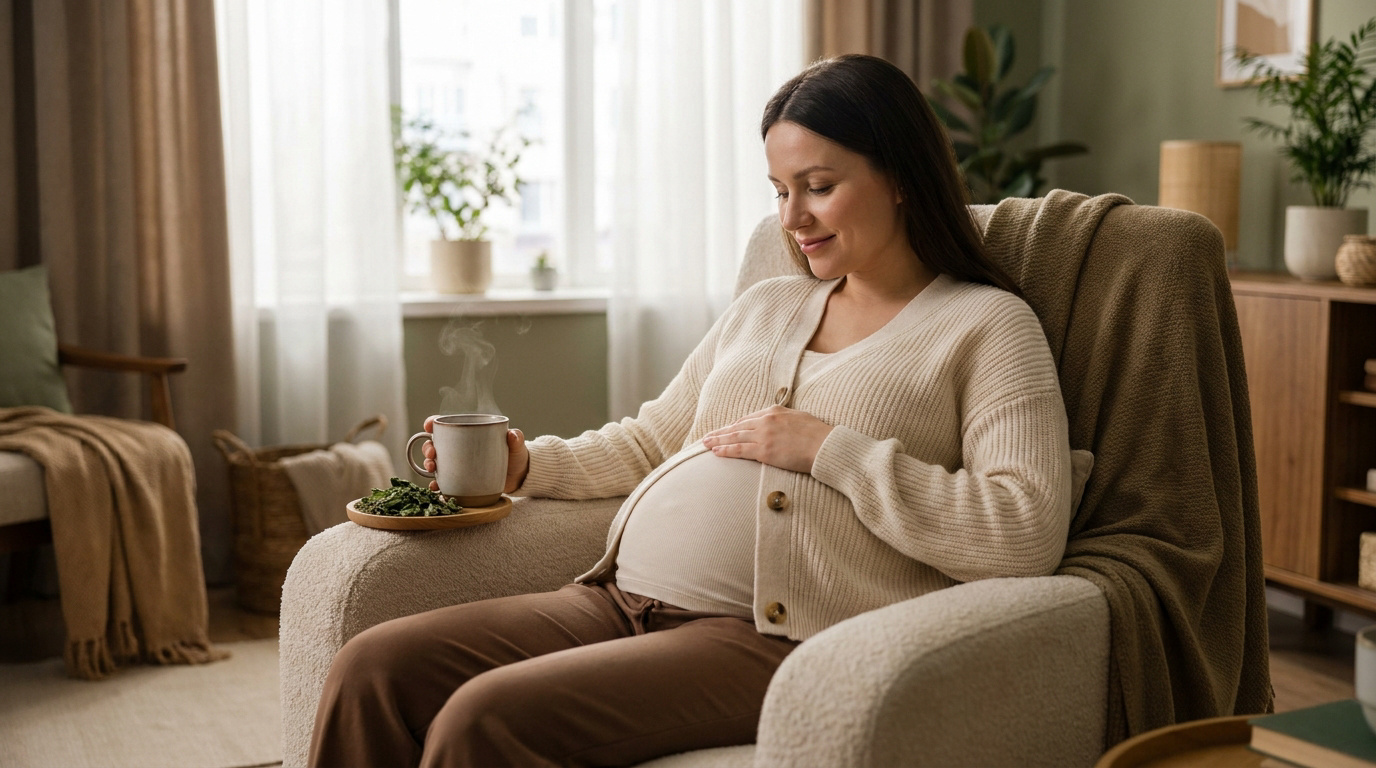 Une femme enceinte souriante caresse son ventre, assise confortablement, tenant une tasse de tisane fumante avec des herbes à côté.