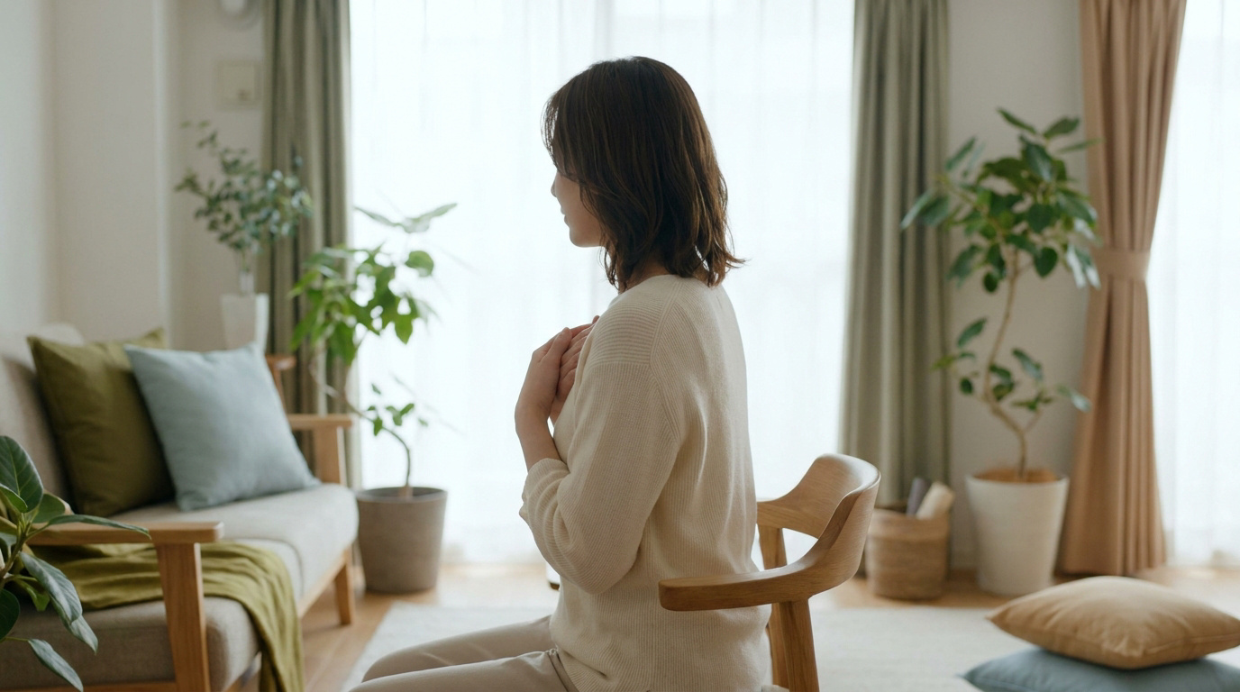 Une femme assise en pull clair, mains sur la poitrine, regard pensif, dans un salon lumineux avec des plantes.