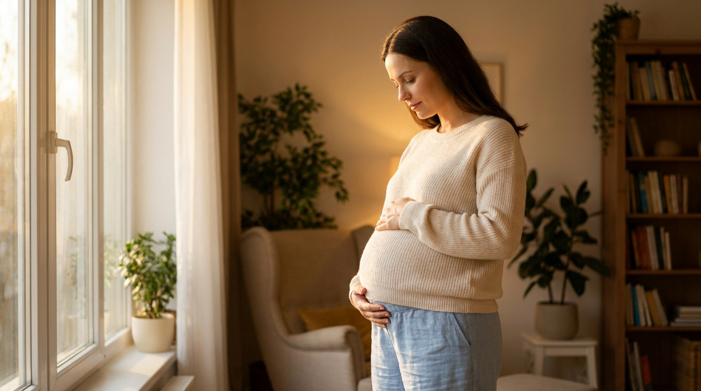 Femme enceinte de 27 semaines, en pull clair, caressant tendrement son ventre près d'une fenêtre. Ambiance intérieure chaleureuse.