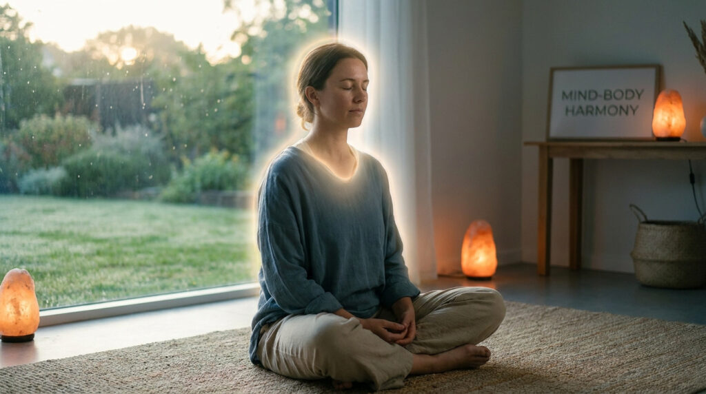 Femme méditant en position du lotus, vêtue de bleu, une aura lumineuse l'entoure. Fenêtre sur jardin, lampes de sel, "Mind-Body Harmony".