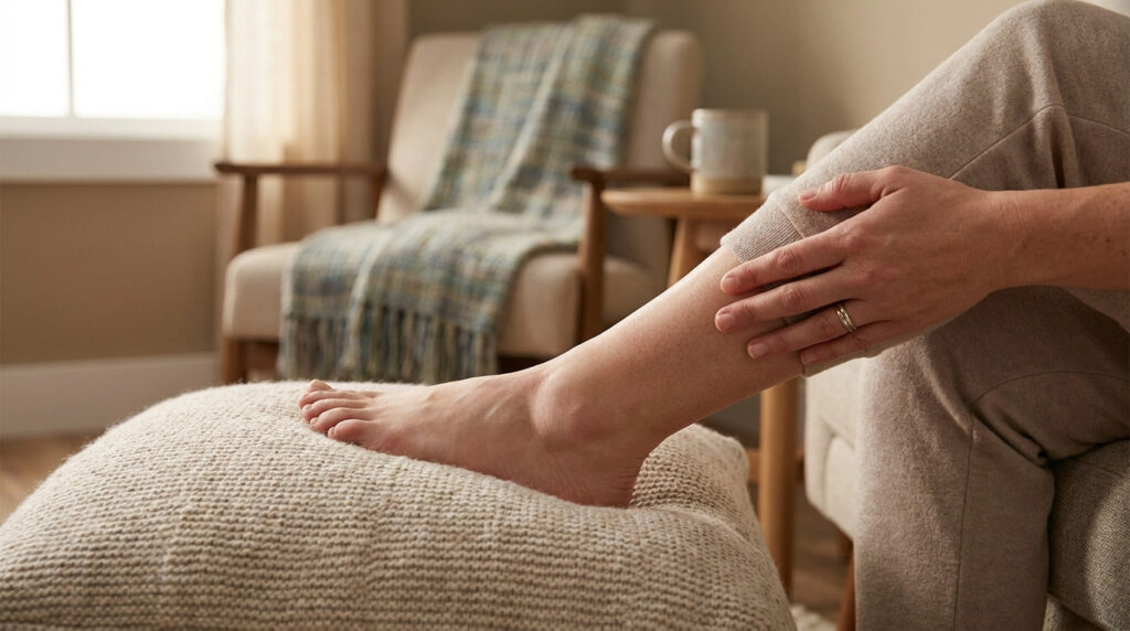 Gros plan sur une personne touchant sa jambe et sa cheville gonflées, reposant sur un pouf dans un salon lumineux.