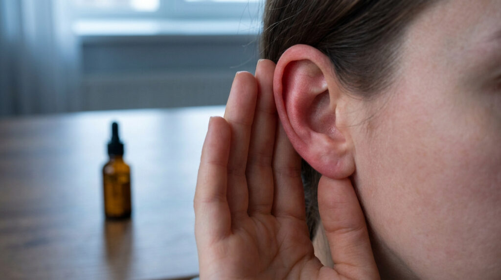 Gros plan d'une oreille humaine avec une main derrière le lobe. Un flacon compte-gouttes marron est flou en arrière-plan.
