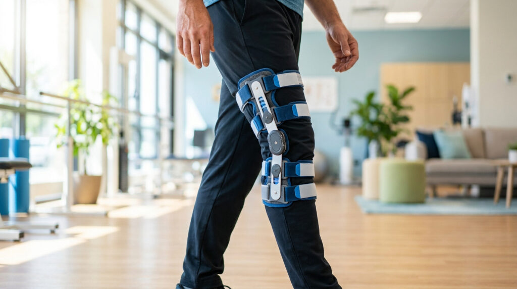 Gros plan sur la jambe d'un homme portant une orthèse de genou articulée bleue et grise, marchant dans une salle de rééducation lumineuse.