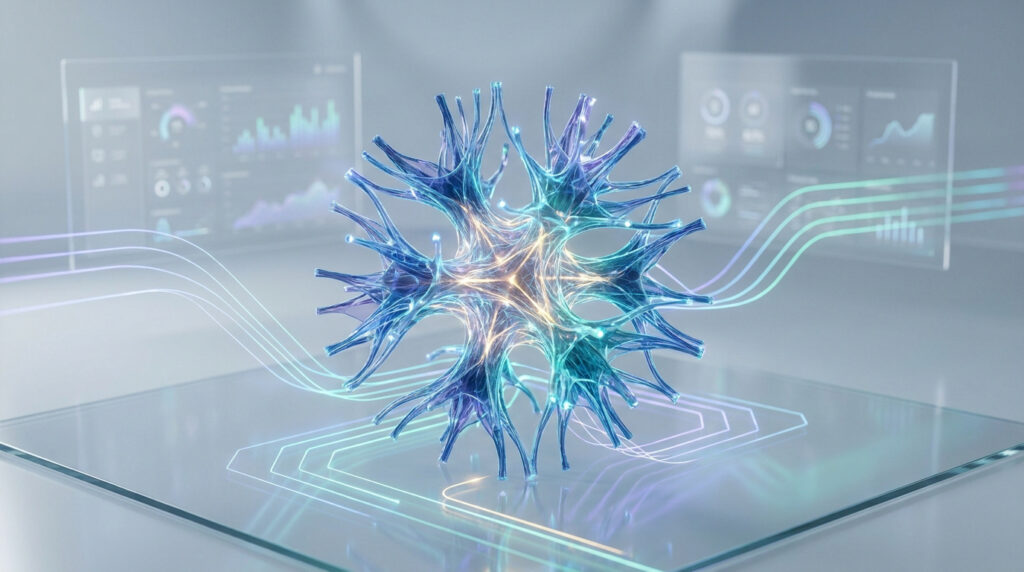 Modèle 3D lumineux d'un neurone central avec des connexions fluides vers des écrans affichant des données et des graphiques, illustrant l'analyse cérébrale et cognitive.
