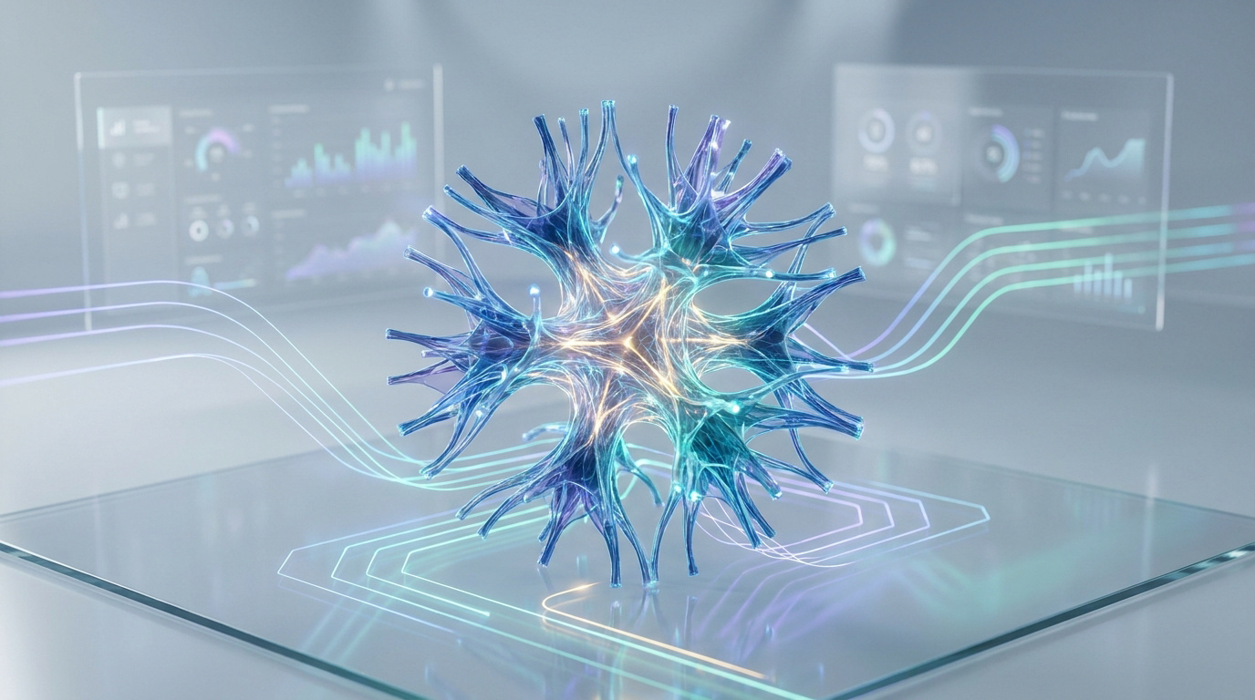 Modèle 3D lumineux d'un neurone central avec des connexions fluides vers des écrans affichant des données et des graphiques, illustrant l'analyse cérébrale et cognitive.