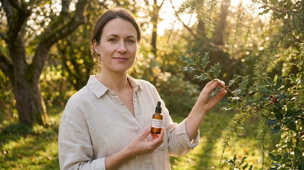 Une femme souriante tient une bouteille de Fleur de Bach et une branche de houx en pleine nature ensoleillée.