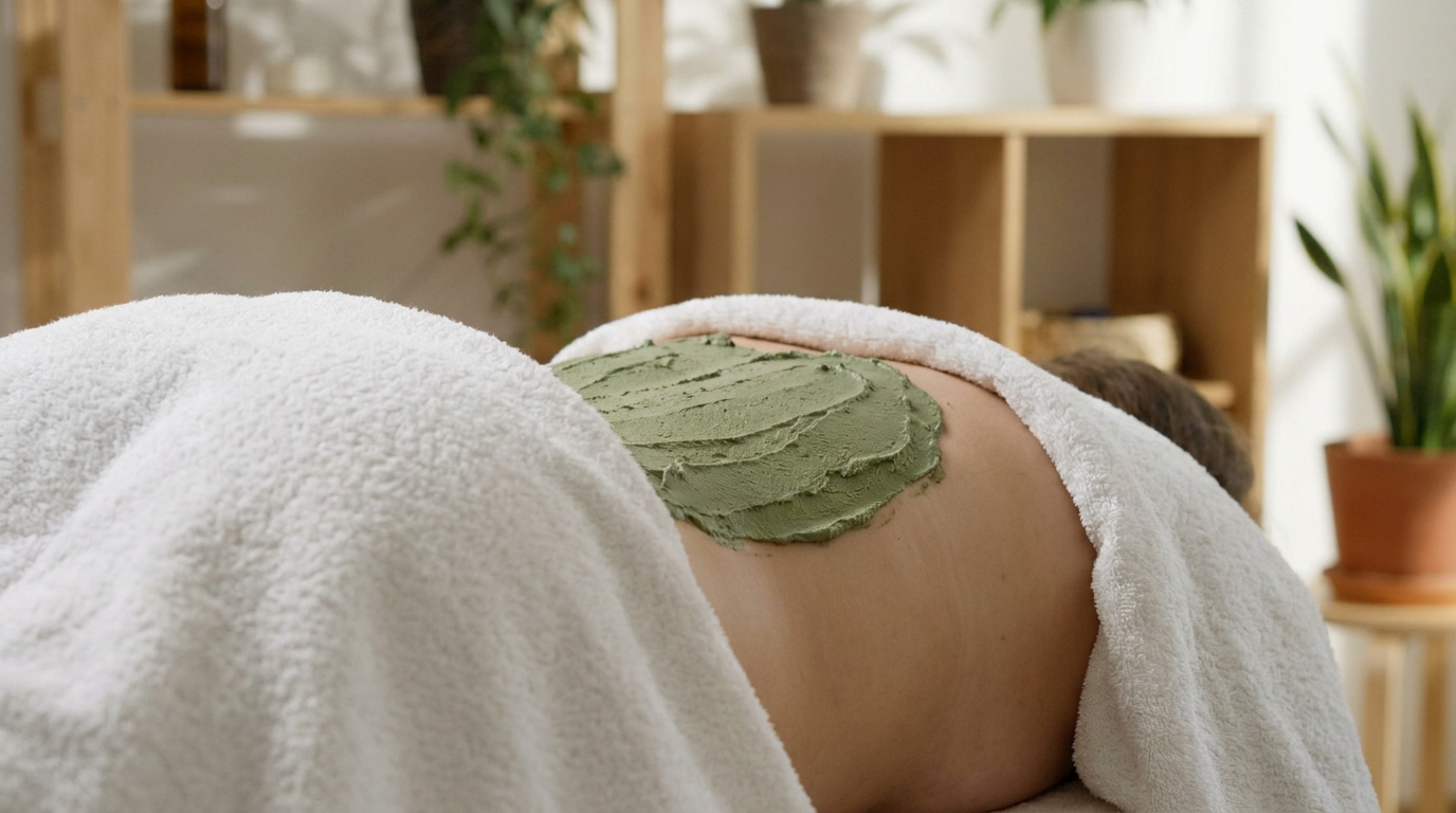 Gros plan sur le bas du dos d'une personne allongée, avec un cataplasme d'argile verte. Environnement de bien-être.