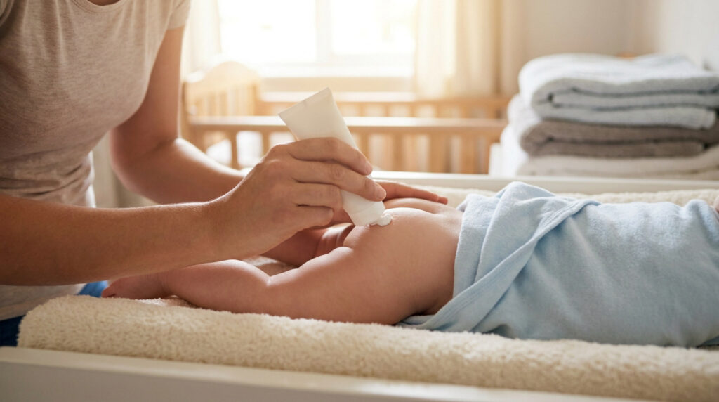 Un parent applique une crème blanche sur les fesses d'un bébé sur une table à langer, dans une chambre d'enfant.