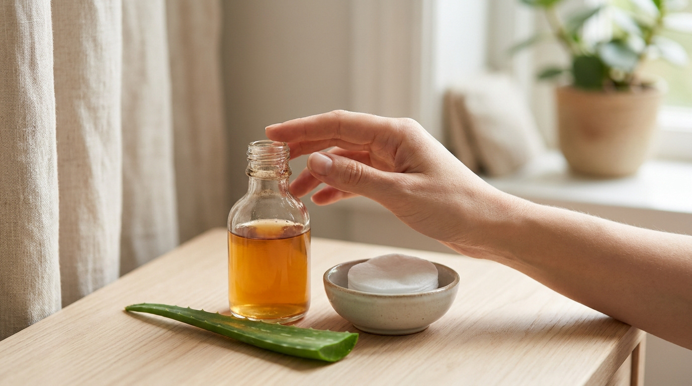 Main approchant une bouteille d'huile, avec aloe vera et cotons sur table, évoquant des remèdes naturels pour la peau.