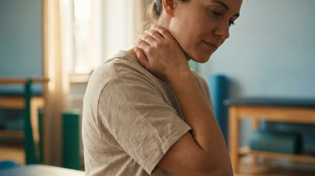 Une femme tient son cou d'une main, l'air souffrant de douleur cervicale dans un cabinet de physiothérapie.