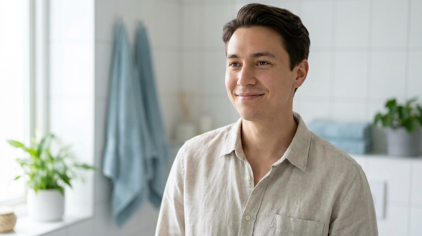 Portrait d'un jeune homme souriant dans une salle de bain moderne et épurée, symbole d'une bonne hygiène buccale et de confiance.