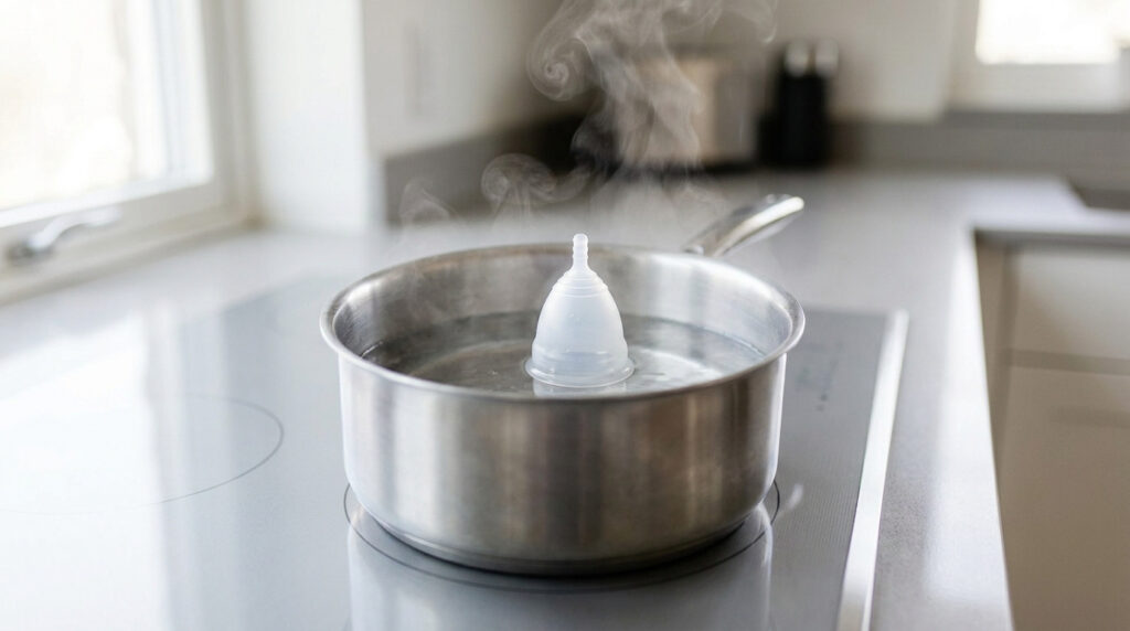 Une cup menstruelle transparente flotte dans une casserole d'eau bouillante sur une plaque de cuisson, de la vapeur s'en dégage.