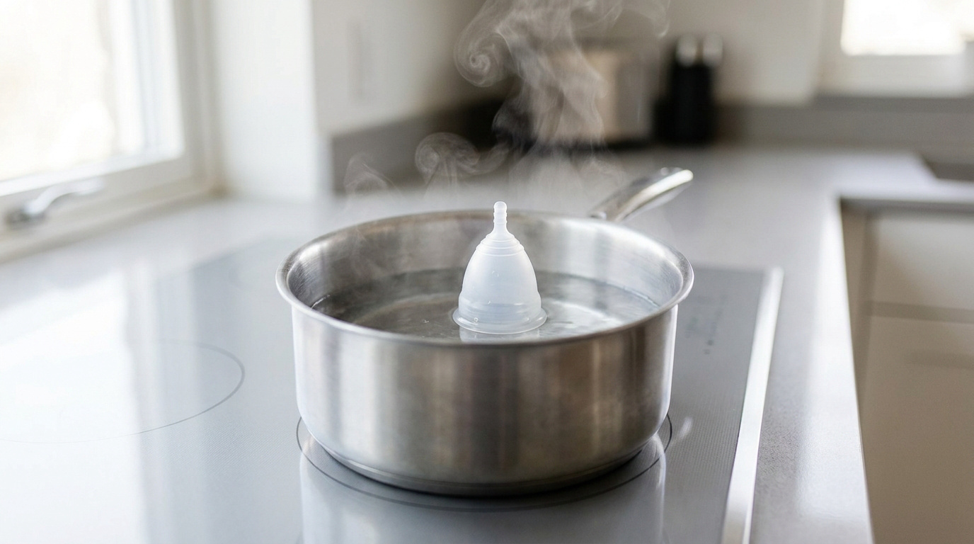Une cup menstruelle transparente flotte dans une casserole d'eau bouillante sur une plaque de cuisson, de la vapeur s'en dégage.