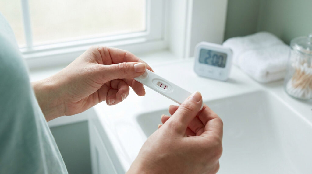 Mains tenant un test à domicile affichant un résultat positif (deux lignes) devant un évier de salle de bain avec une minuterie.