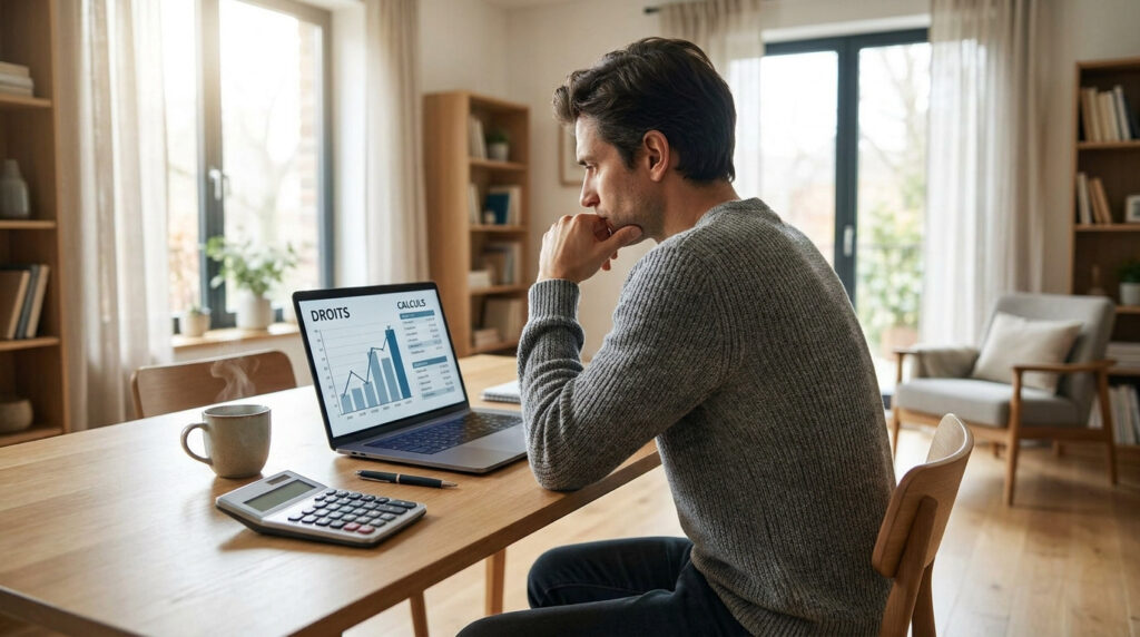 Homme concentré travaillant sur un ordinateur portable avec un graphique sur les droits et calculs de salaire.