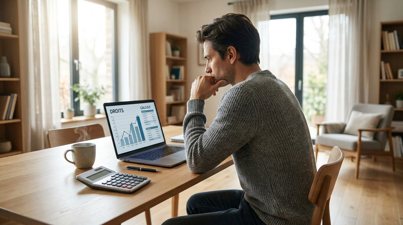 Homme concentré travaillant sur un ordinateur portable avec un graphique sur les droits et calculs de salaire.