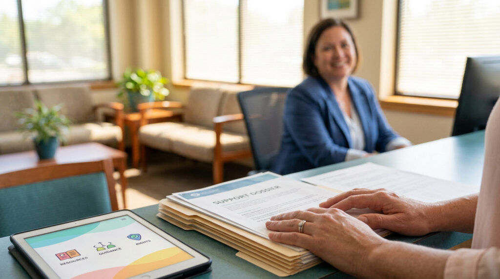Une personne consulte des dossiers administratifs sur un comptoir d'accueil avec une tablette numérique à côté.