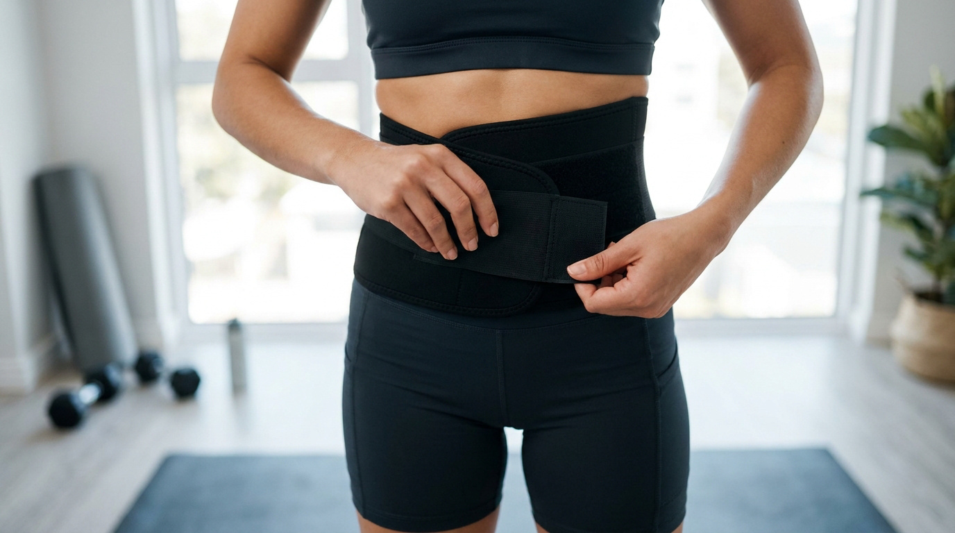 Une femme ajuste une ceinture de sudation noire autour de sa taille dans une salle de sport lumineuse.