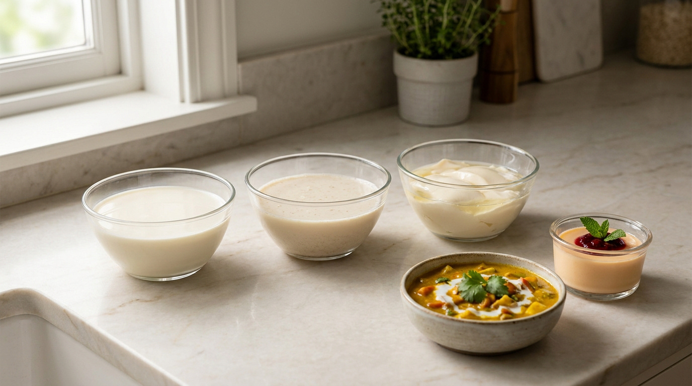 Plusieurs bols contenant des substituts de lait de coco disposés sur un comptoir de cuisine.