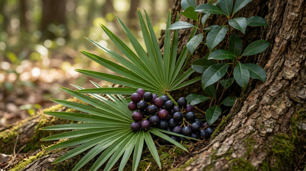 Grappe de baies de palmier nain (Serenoa repens) posée sur une feuille de palmier dans une forêt.