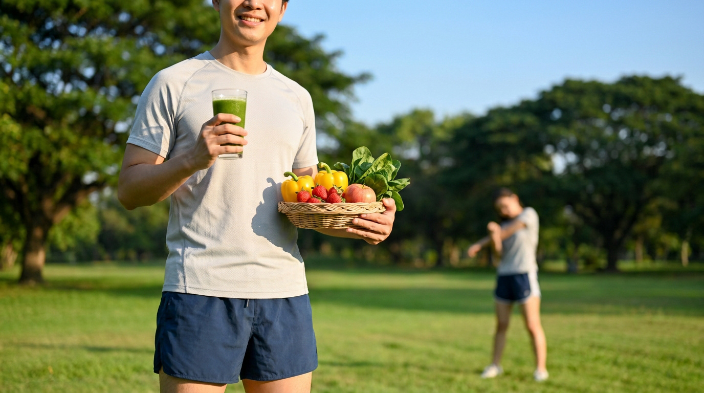 Un homme en tenue de sport tient un verre de jus vert et un panier de fruits et légumes frais dans un parc.