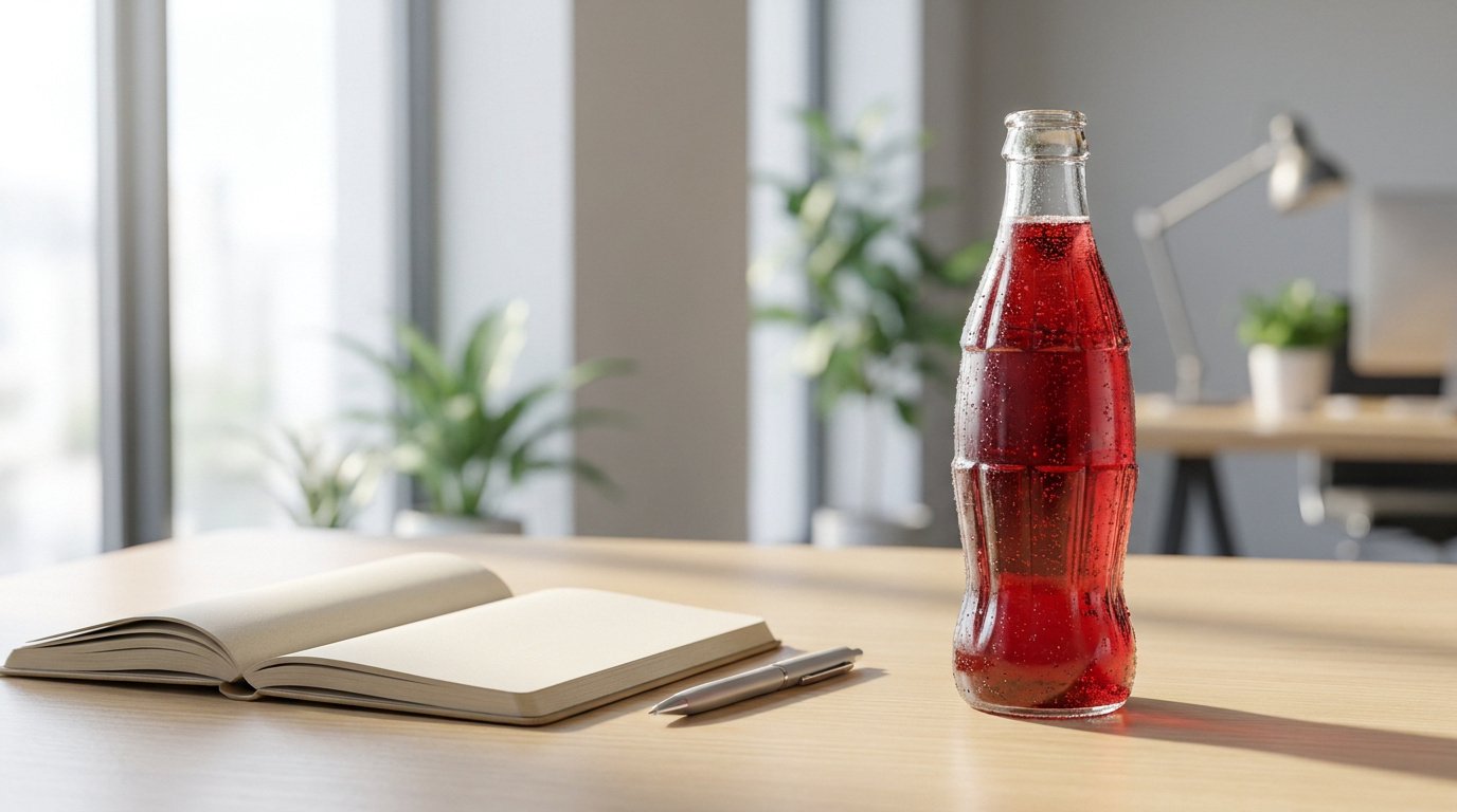 Une bouteille en verre de boisson rouge gazeuse posée sur un bureau à côté d'un carnet ouvert et d'un stylo.