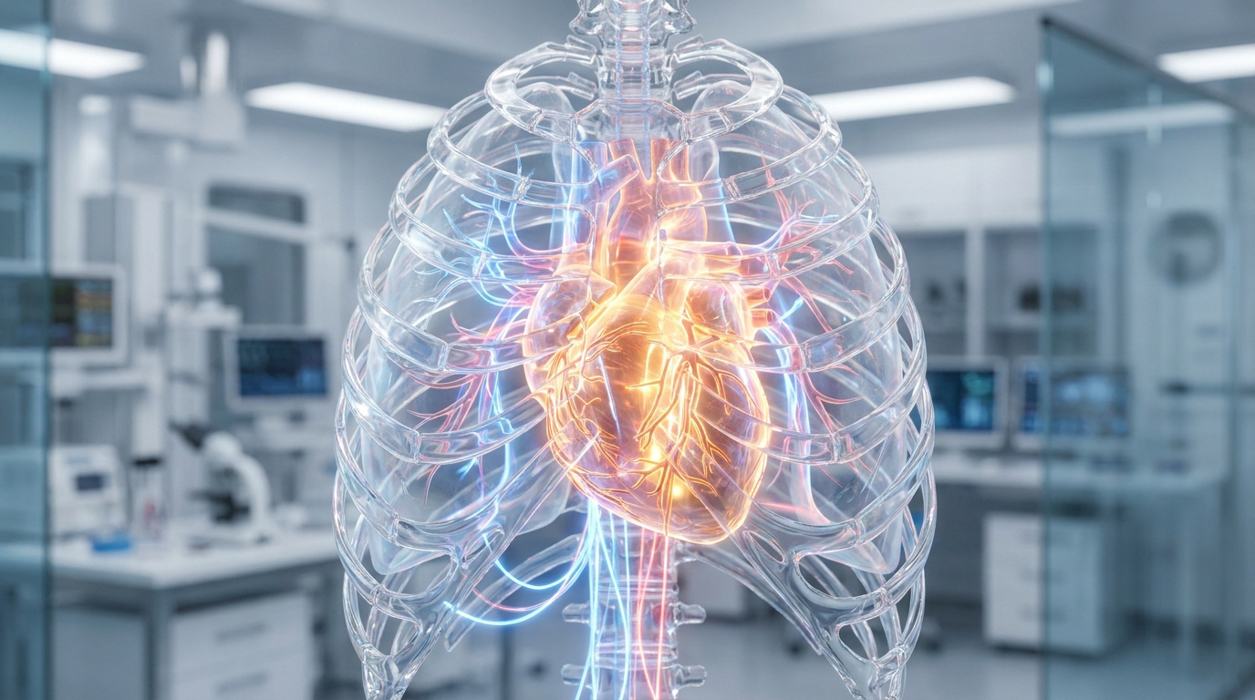 Modèle 3D transparent d'une cage thoracique humaine avec un cœur lumineux au centre, dans un laboratoire médical flou.