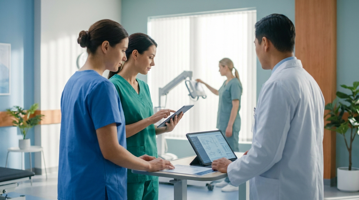 Une équipe de professionnels de santé consulte des données sur des tablettes dans un hôpital moderne.