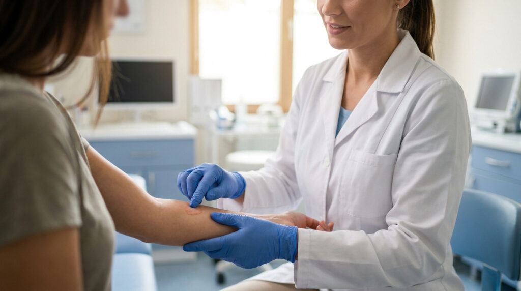 Une dermatologue examine la peau du bras d'une patiente avec des gants bleus dans un cabinet médical.
