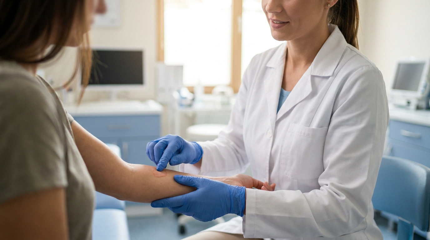 Une dermatologue examine la peau du bras d'une patiente avec des gants bleus dans un cabinet médical.