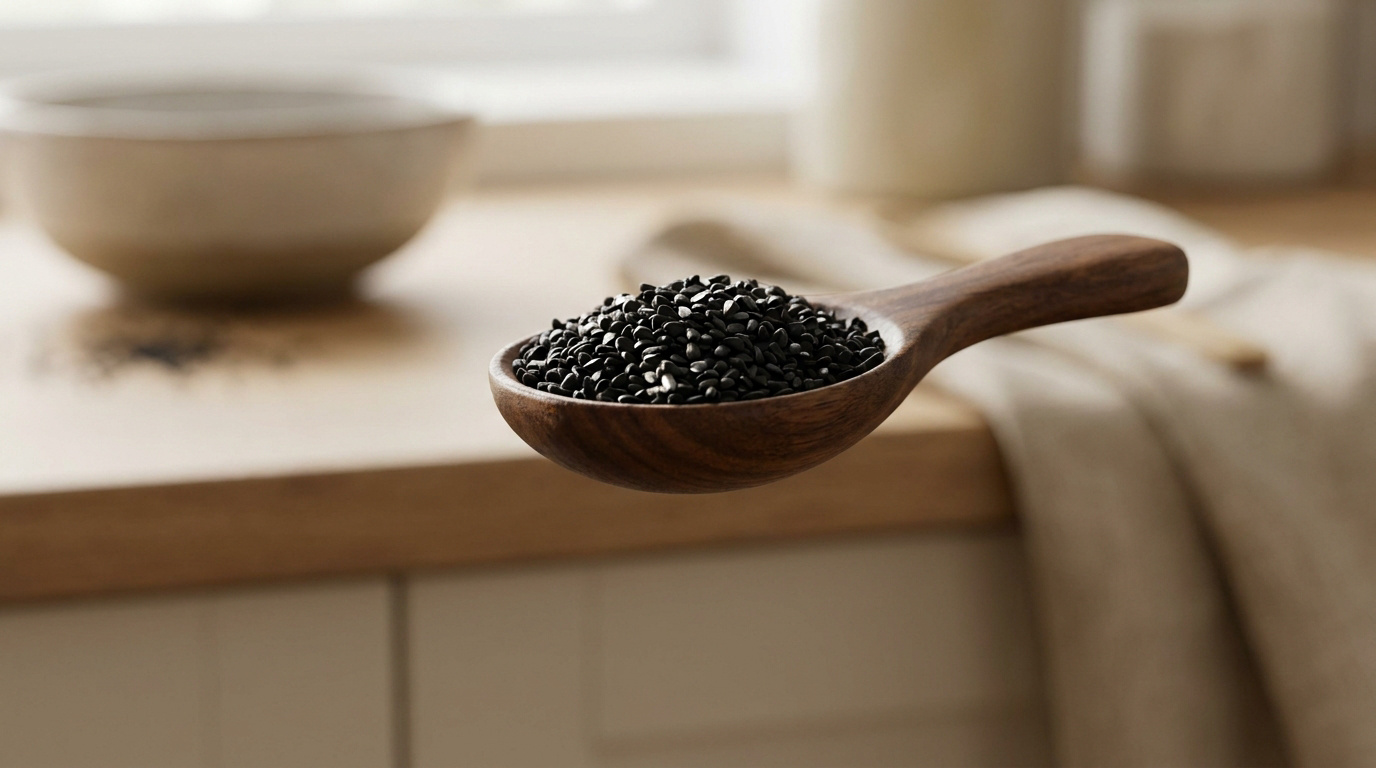 Une cuillère en bois remplie de petites graines de nigelle noires posée sur un plan de travail de cuisine.