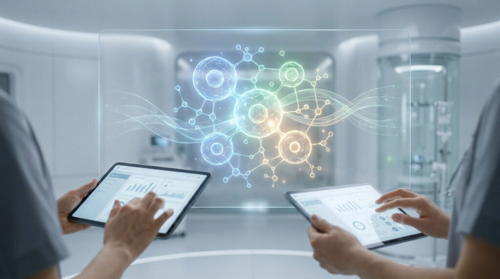 Médecins utilisant des tablettes devant un écran holographique affichant des structures moléculaires complexes.