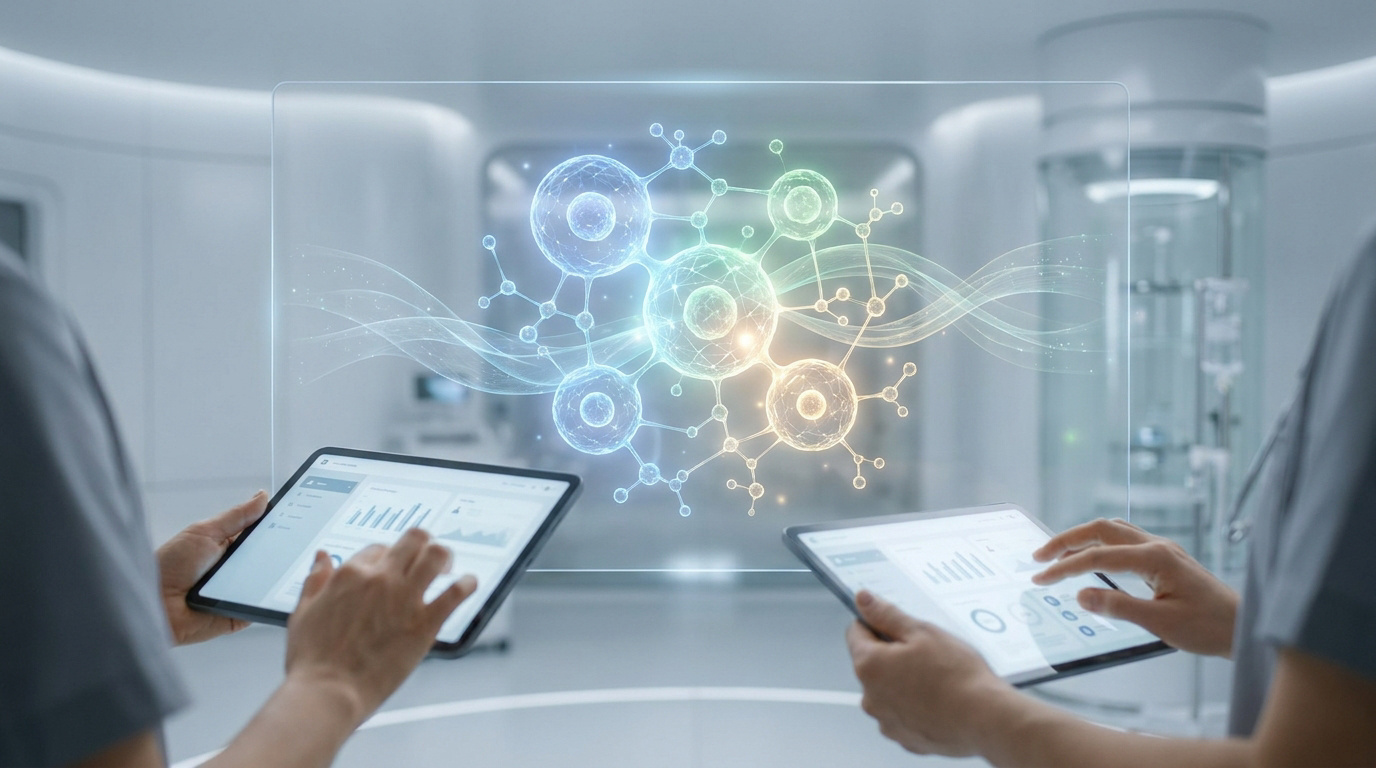 Médecins utilisant des tablettes devant un écran holographique affichant des structures moléculaires complexes.