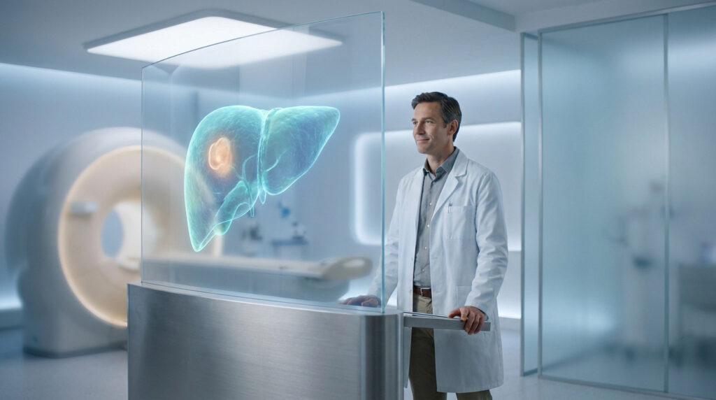 Un médecin examine une projection holographique 3D d'un foie présentant une lésion cancéreuse dans un hôpital moderne.