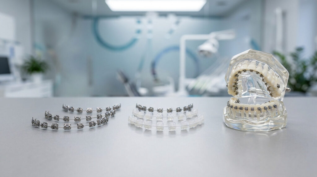 Modèle de mâchoire avec bagues dentaires et différents types d'appareils orthodontiques posés sur une table.