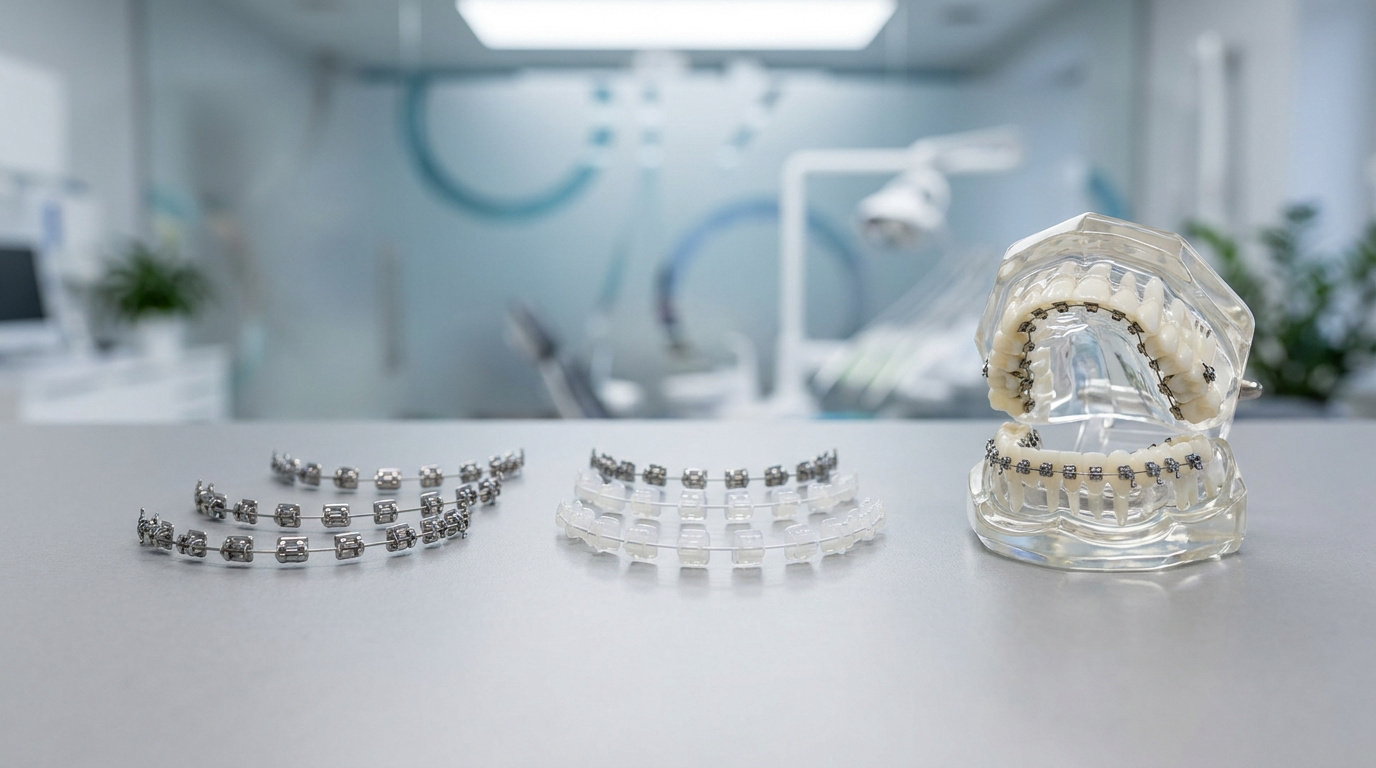 Modèle de mâchoire avec bagues dentaires et différents types d'appareils orthodontiques posés sur une table.