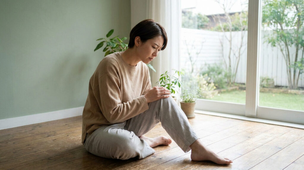 Une femme assise au sol, tenant son genou avec une expression de douleur et de préoccupation.