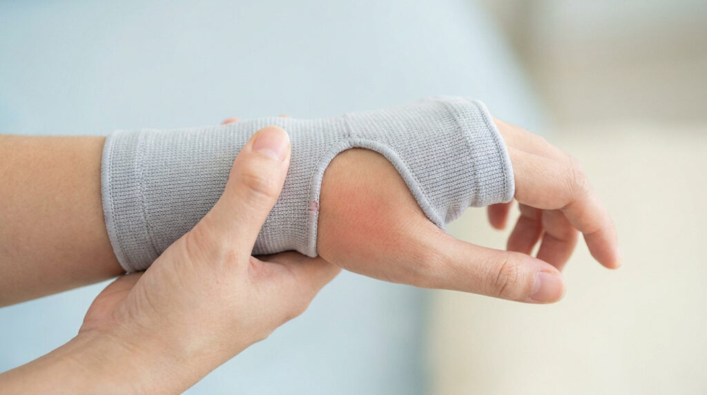 Main portant une attelle de poignet élastique grise sur une peau légèrement rougie.
