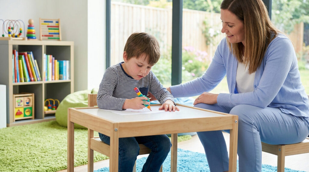 Un enfant dyspraxique utilise un adaptateur de crayon lors d'une séance d'ergothérapie avec une professionnelle.