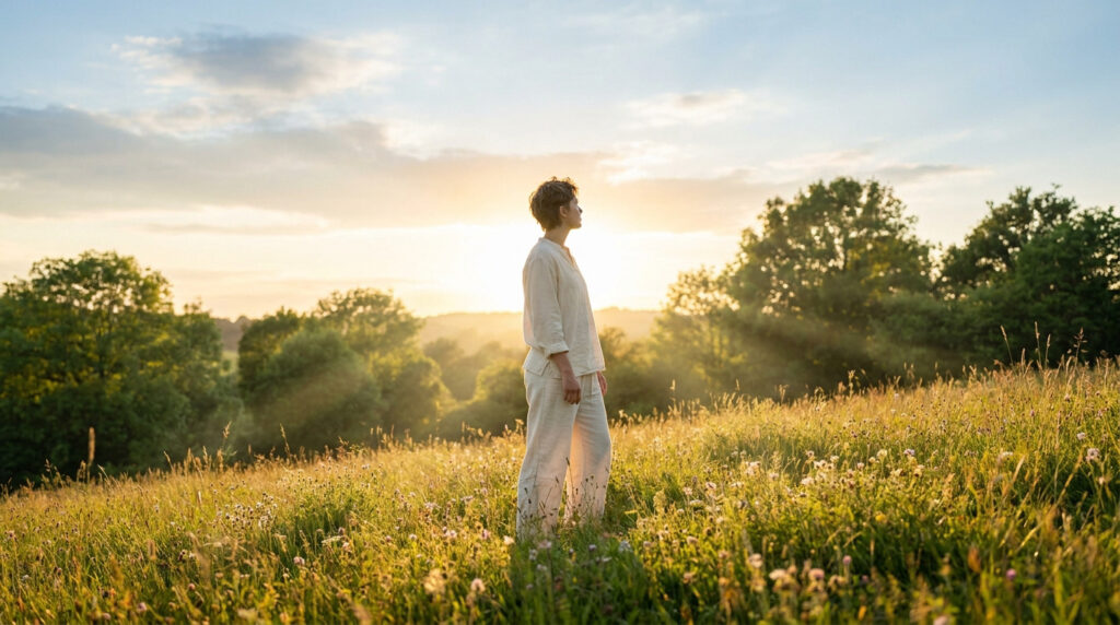 Une personne vêtue de blanc debout dans un champ au coucher du soleil, symbolisant l'espoir et la guérison.